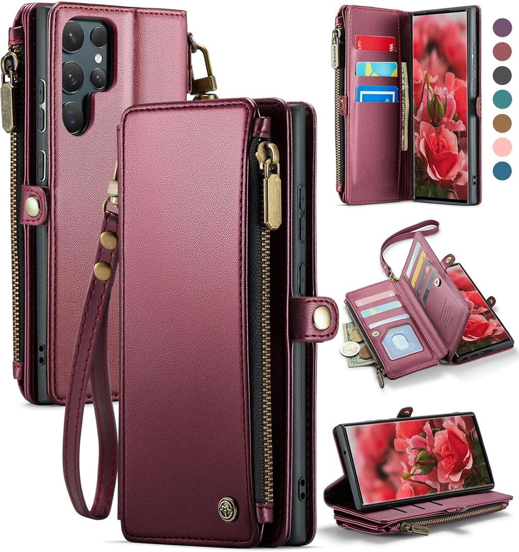 Defencase Compatible with Samsung Galaxy S22 Ultra Case Wallet with RFID Blocking Card Holder for Women, PU Leather Magnetic Snap Flip Zipper Strap Phone Case Fit for Galaxy S22 Ultra 5G, Red