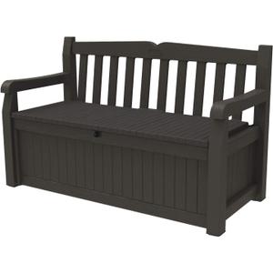 Keter Solana 70 Gallon Storage Bench Deck Box for Patio Furniture, Front Porch Decor and Outdoor Seating  Perfect to Store Garden Tools, Brown/Brown