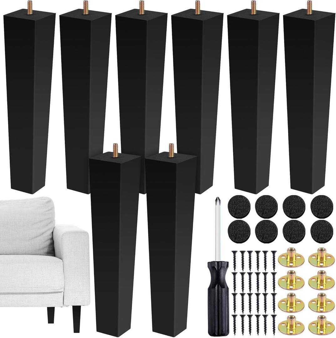 TURSTIN Set of 8 Furniture Legs 12 Inch Square Solid Wood Couch Legs Replacement Sofa Leg Mid Century Furniture Feet for Armchair Bed Dresser Cabinet Include Installation Hardware, Black
