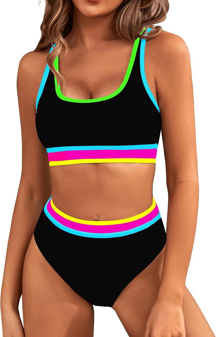 BMJL Women's High Waisted Bikini Sets Sporty Two Piece Swimsuits Color Block Cheeky High Cut Bathing Suits (Medium, Rainbow Black Pink011)