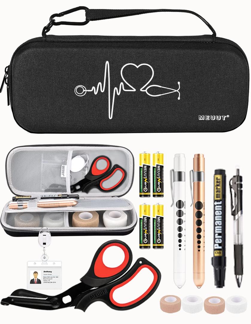 MEUUT 15 pcs Stethoscope Case Kit, Perfect Nurse Gift Include Stethoscope Case, Medical Scissors, Penlights with Batteries, Bandage Wraps, Badge Holders for Nurse (Black)