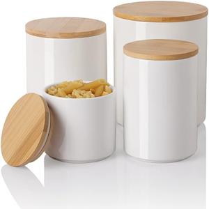 Sweejar Kitchen Canisters Ceramic Food Storage Jar Set, Stackable Containers with Airtight Seal Wooden Lid for Serving Ground Coffee, Tea, Herbs, Grains, Sugar, Salt - Set of 4 (White)
