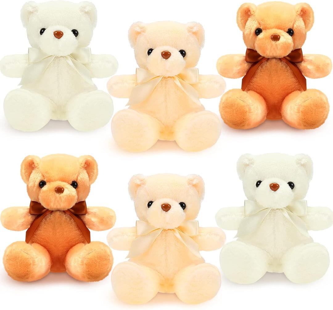 HyDren 6 Pcs Bear Stuffed Animal Soft Bear for Kids Toys Gift Baby Shower Decoration(Short Plush,Dark Brown, Brown, Beige)