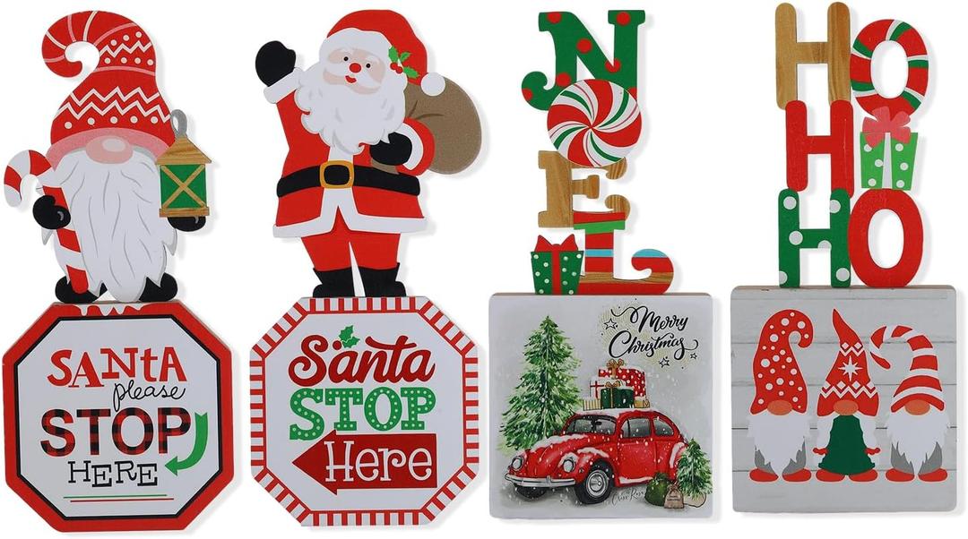 Aovdy 4 Pcs Christmas Table Signs Decorations Wooden Centerpiece Tabletop Gnome Santa Claus Noel HOHOHO Wood Desktop Decor for Kitchen Home Xmas Holiday Party Supplies