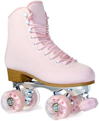 Roller Skates for Women or Men with Height Adjustable Rubber Stoppers Retro Suede Quad Roller Skates for Outdoor and Indoor (Pink, 7)