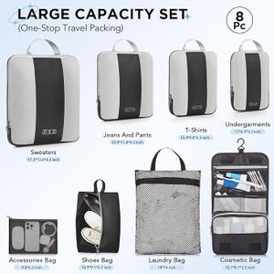 Compression Packing Cubes 8 Set, Dual Zipper Compression Packing Cubes for Travel, See-Through Mesh Packing Bags for Suitcases, packing cubes with shoe bag (Black)