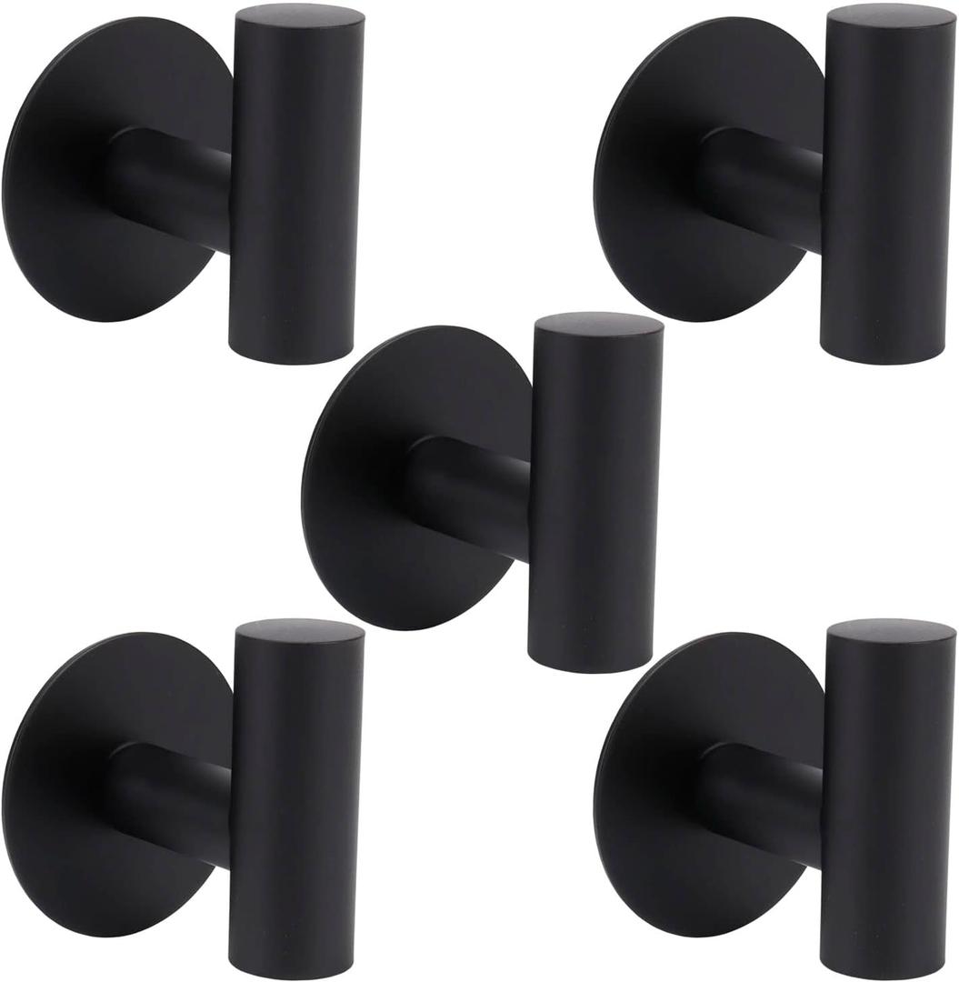 TocTen Bath Towel Hook, Strong Self Adhesive Robe Hook, SUS 304 Stainless Steel Stick on Wall Coat/Clothes Hook No Drilling, Shower Wall Hook for Bathroom Kitchen Office Closet(Matte Black, 5 Pack)