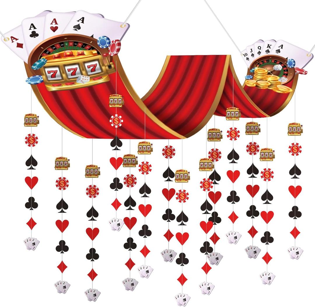 12 ft Casino Theme Party Decorations Vegas Poker Birthday Hanging Decors Las Vegas Night Decorations Casino Ceiling Decors Hanging Banner with 24 Paper Garlands Gamble Theme Party Supplies