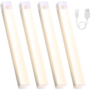 4Pcs Under Cabinet Lights, 12inch LED Closet Light USB Charging Motion Sensor Closet Lamp Indoor Under Counter Magnetic Lights for Kitchen,Bedroom,Wardrobe,Hallway, Stairs.(Warm Light)