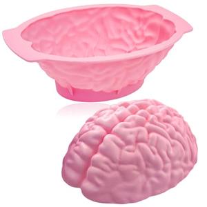 Halloween Silicone Brain Mold, Realistic Human Brain Cake Mold Large Volume 3D Human Thicken Organs 3.2" Deep Candy Mould with Support Base for Halloween Jelly Pudding Mousse Candle Making (Pink)
