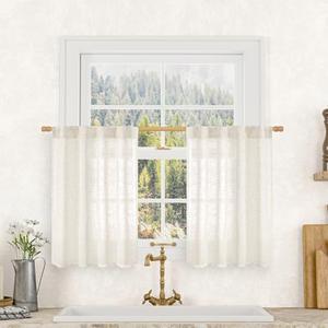 LAMIT Cream Linen Kitchen Curtains 30 Inch Length, Semi Sheer Light Filtering Window Panels Back Tab and Rod Pocket Drapes for Basement/Small Windows, 34 x 30 Inch, 2 Panels
