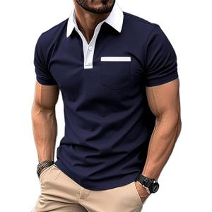 Mens Casual Polo Shirts Classic Short Sleeve Golf Shirt Fashion Button Cotton Top with Pocket (1-Navy, Medium)