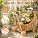 Wicker Baby Carriage 18.11"L x 12.01"D x 18.5"H Flower Basket Cart with Wheels Natural Woven Rattan Floral Display Stroller Style for Wedding Baby Shower Bridal Party Garden Home Decor Photo Props