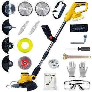TWEFGFT Cordless Weed Wacker for Dewalt 20V Battery with 4 Types Blades, Brushless Motor, Lightweight Grass Trimmer/Brush Cutter for Lawn, Yard and Bush Trimming（No Battery), Yellow