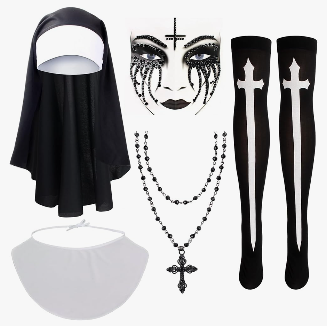 Kyson Nun Costume Accessories with 5Pcs Catholic Nun Habit Hat,Nun Collar,Cross Pendent Necklace,Long Stocking,Face Sticker