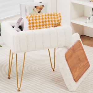 Wimarsbon Storage Ottoman, Vanity Stools with Metal Legs, 16.5" x 11.8" x 18" Modern Faux Mink Fur Footstool, Makeup Chair with Anti-Slip Feet, Accent Table,Footrest,Storage Bench for Bedroom (White)