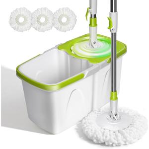 Spin Mop and Bucket,Masthome Mop and Bucket Set with Wringer.4L Detachable Bucket Small,Separate Clean and Dirty Water,Adjustable 50" Handle,3 Microfiber Pads for Wet/Dry Hardwood Tile Floor Cleaning (Green+white)
