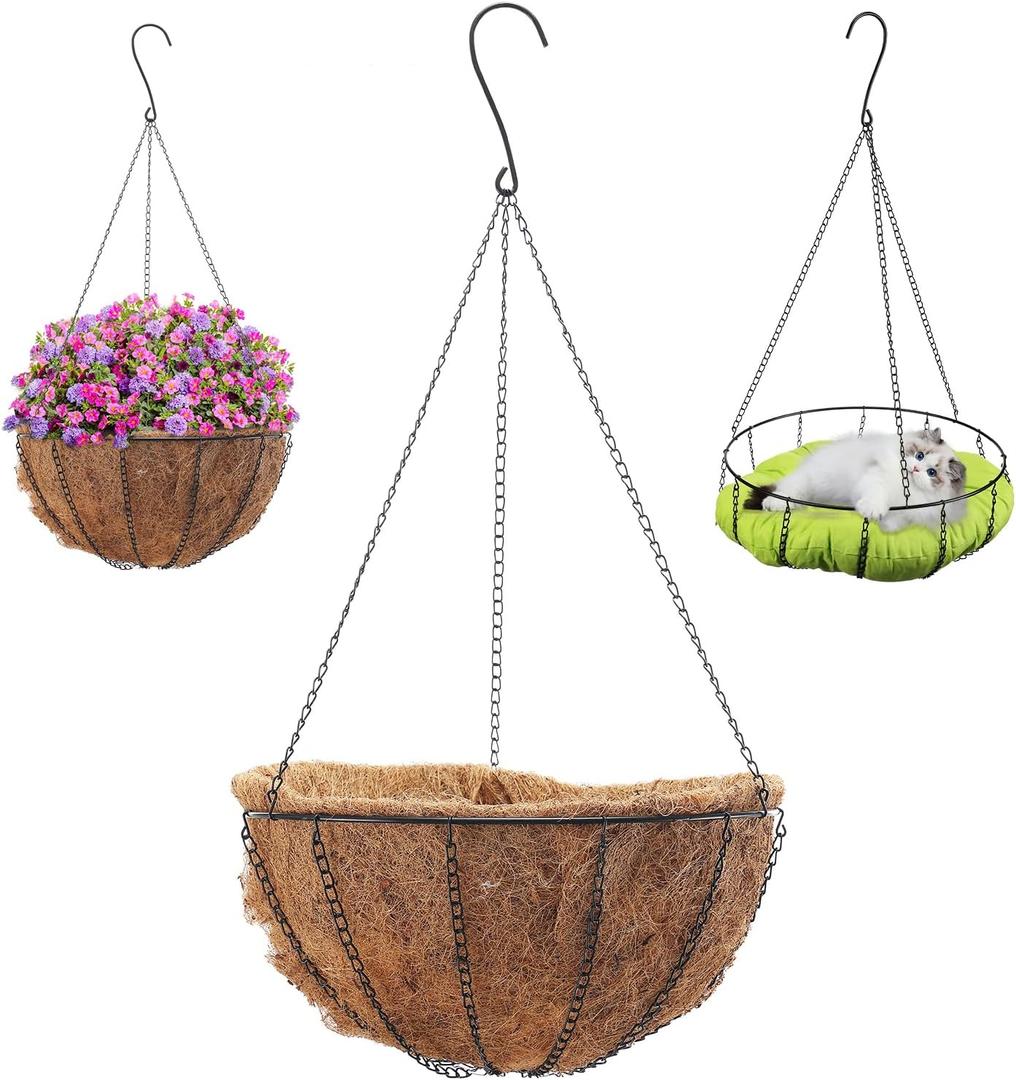 14 Inch Metal Hanging Planter Basket with Coconut Coir Liner, Round Metal Hanging Planter Basket with 100% Natural Coconut Coir Liner for Hanging Baskets, Garden Planter Pot,Window Box