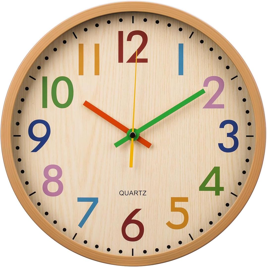Kids Wall Clock Silent Non-Ticking Colorful Childrens Clock Round Decorative Wall Clocks for Classroom, School, Office, Bedroom, Living Room, Kitchen (Bamboo Grain, 12 inch)