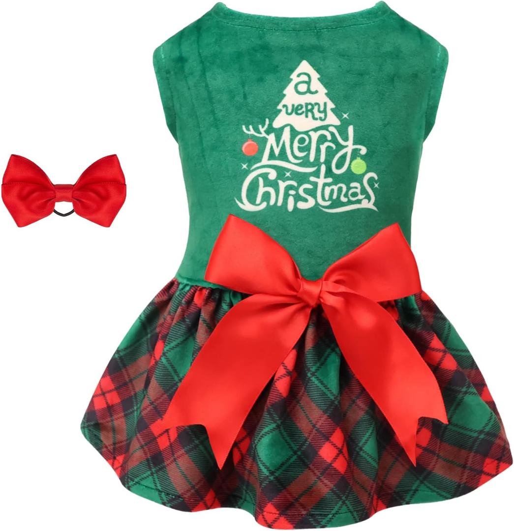 CuteBone Christmas Tree Dog Dress Velvet for Small Dogs Girl Puppy Dresses Green Plaid Dog Clothes CVA05M-D, S