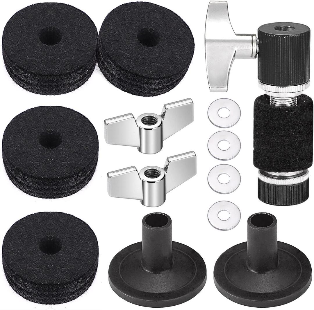 Facmogu 13PCS Cymbal Replacement Accessories, Standard Hi-Hat Clutch, Drum Cymbal Felt Pads Include Wing Nuts & Washers & Plastic Cymbal Sleeves, Replacement for Drum Set - Black