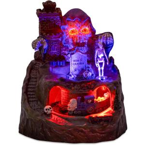 innodept12 Animated Halloween Small Village House - Moving Train and Skull Ghosts Tombstones Figurines with Pre-Lit Spooky Voice, Battery Operated, Not Including