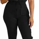 PINSV 2 Piece Outfit For Women Short Sleeve Shirt Collar Front Button Top Drawstring Jogger Pants Casual Tracksuit (Black, XXL)