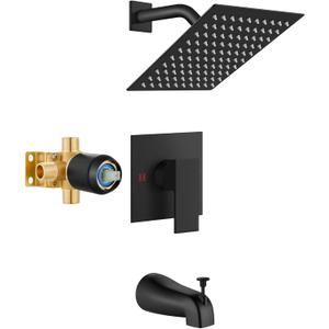 Shower Faucet Set with Tub Spout Bathtub Faucet Kit Shower Tub Faucet Set Complete Tub Shower Trim Kit with Solid Brass Rough-in Valve and Rainfall Square Showerhead Matte Black