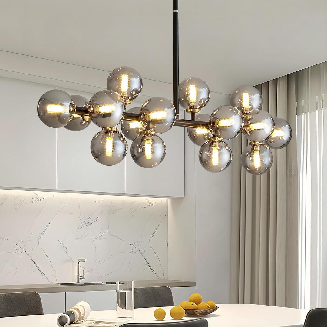 16 Lights Mid Century Modern Chandelier Black Linear Chandelier Light Fixtures Glass Globe Sputnik Pendant Light for Dining Room Kitchen Island (Smoke Gray Lampshade)