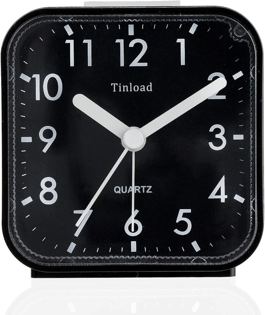 Small Battery Operated Analog Travel Alarm Clock Silent Non Ticking, Gentle Wake, Ascending Beep Sounds, Snooze,Lighted on Demand, Easy Set, Black