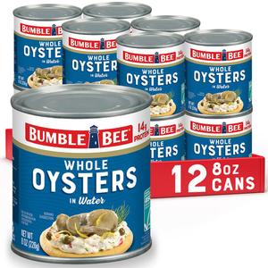 Bumble Bee Premium Select Whole Canned Oysters, 8 oz Cans (Pack of 12) - Ready to Eat - 14g Protein per Serving - Gluten Free