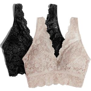 Smart & Sexy Women's Signature Lace Deep V Neck Wireless Bralette, Bralettes For Women With Support, Bralettes and Bralette Pack Black Hue/In the Buff L 2-pack