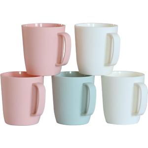 Coffee Mugs Set of 5, 10 Ounce Unbreakable Plastic Cups With Handle, 3 Basic Colors, Dishwasher Safe