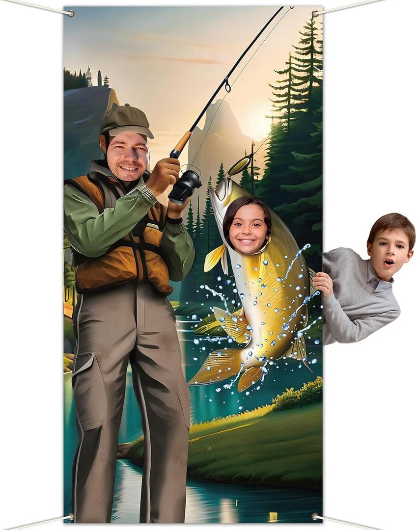 Gone Fishing Party Decorations Fisherman Photo Door Banner Fishing Photo Booth Props, Large Backdrop Hanging for Kids Boys Girls Fisher Tournament Birthday Party Game Decor Favors Supply