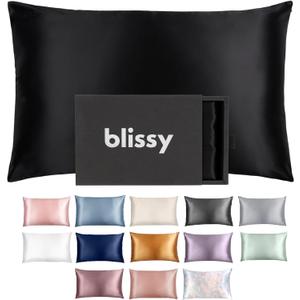 Blissy Silk Pillowcase - 100% Pure Mulberry Silk - 22 Momme 6A High-Grade Fibers - Silk Pillow Cover for Hair & Skin - Regular, Queen & King (Black, Standard)