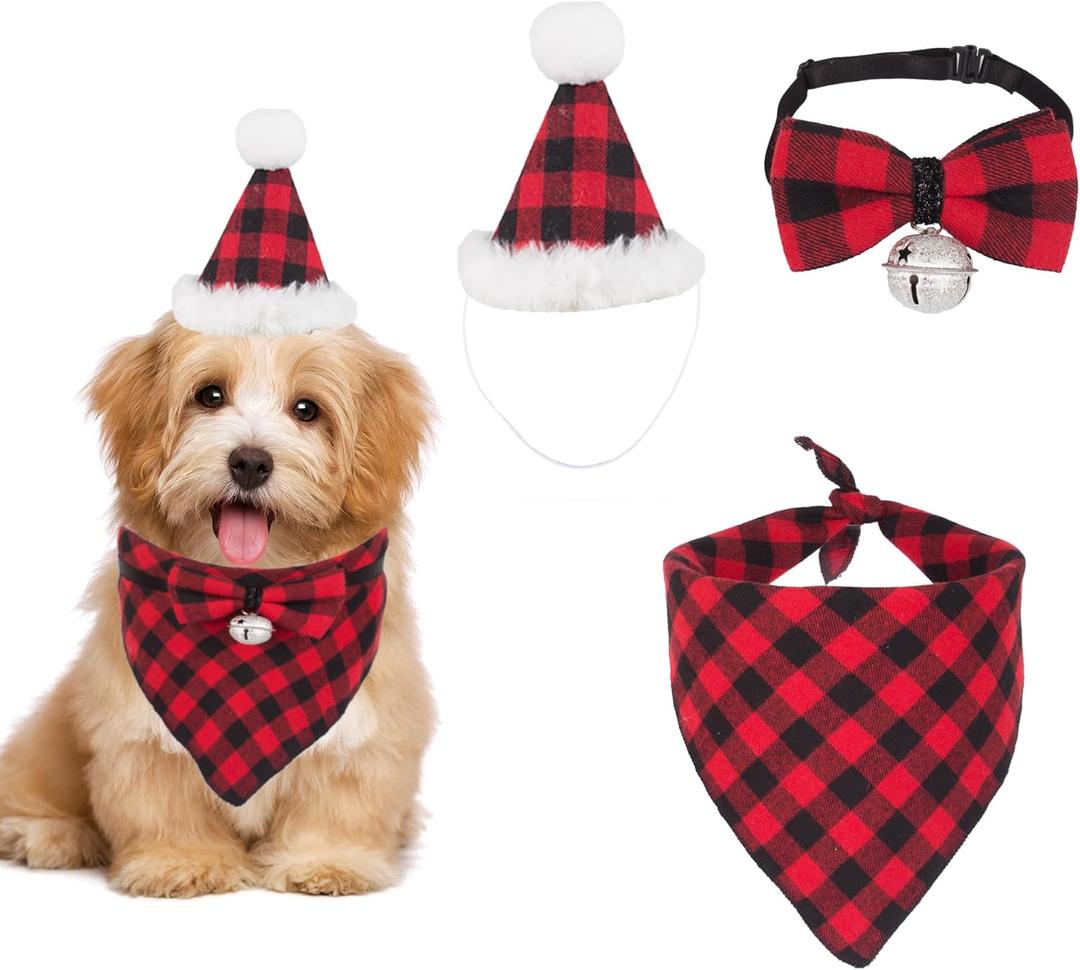 ADOGGYGO Christmas Dog Bandana Hat Bow tie Set  Classic Red Plaid Pet Xmas Scarf Hat Christmas Costume Outfit for Large XLarge Dogs Pets (XLarge)