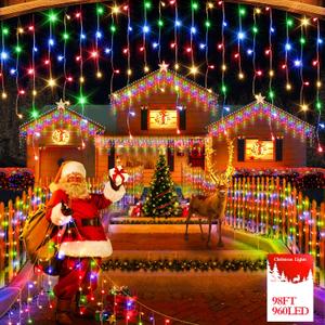 FLVOECN 98FT 960 LED Christmas Lights, Waterproof 8 Modes Ice Lights for Outside with Memory and Timer Hanging Fairy Lights Plug-in Curtain String Lights for Holiday Party Wedding Home (Multicolor)