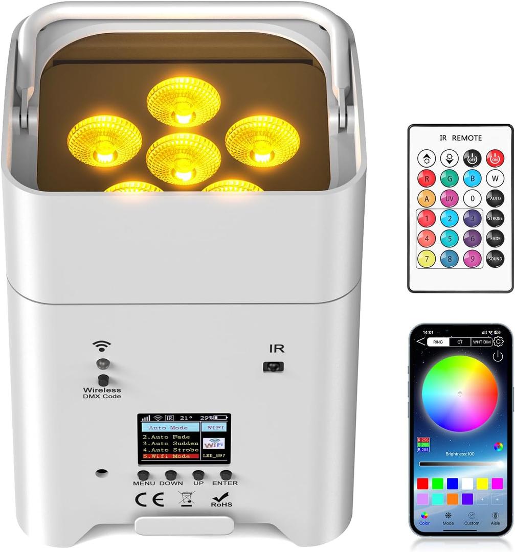 9600mAh Wireless Uplights, 6x18W RGBWA UV Stage Lights, APP/DMX512 Controlled Par Lights, Rechargeable Battery Powered Uplights for Show, Party, Festival, Event, White, Pack of 1 