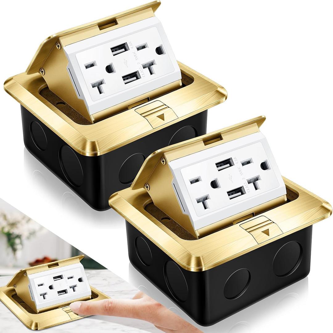 Hoolerry 2 Pack Pop up Floor Electrical Outlet Cover Box Kit with 4.8A USB Charger 20Amp Waterproof Weatherproof Floor Tamper Resistant Outlet Receptacle for Countertop Home (Gold)