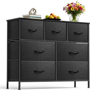 Dresser for Bedroom with 7 Drawers, Chest of Drawers, Storage Drawers Organizer Unit, Black Wide Fabric Dresser with Fabric Bins for Closet, Living Room, Entryway, Charcoal Black