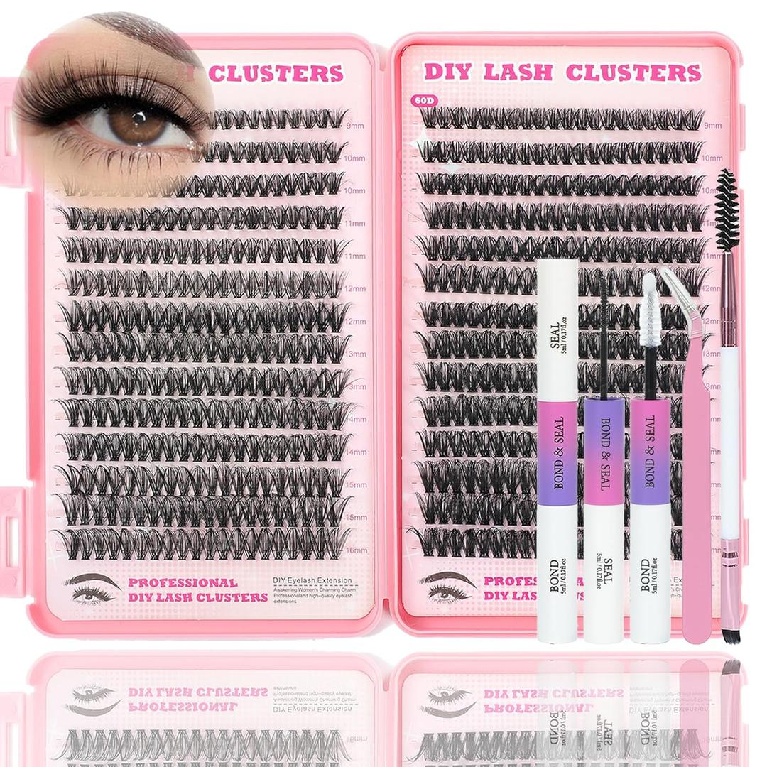 Lash Clusters Kit, 560 Pcs Eyelashes Clusters Kit 9-16mm Individual Lash Extension Kit D Curl Fluffy Wispy False Eyelashes (50D+60D New, Lash Clusters Kit)