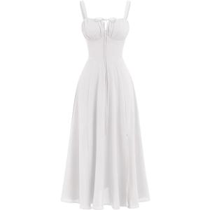 Women's Spaghetti Strap Dress Floral Corset Gown Inspired Dresses Midi Vintage Flowy A Line Skirt for Evening Cocktail Party and Holidays Casual Sundress White, Large