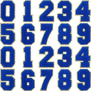 20 Pcs 3.15 in Chenille Iron on Numbers Embroidery Patches with Glitter Sequins Sew 0-9 Applique for Team Uniform Sports T-Shirt Football Jeans Bags Decors(Blue)