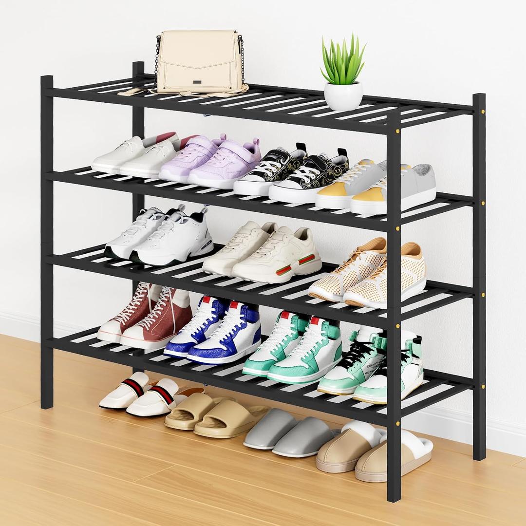 Smiry Bamboo Shoe Rack, 16 Vertical Slats, 4 Tier - 33.7" Wide, Black, 33.66" Wide - 4 Tier - Regular