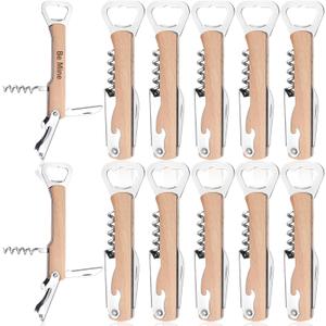 12 Pcs Wood Wine Bottle Opener Bachelor Groomsmen Gift 4 in 1 Corkscrew Wine Opener with Foil Cutter Blank DIY Engraving Gift for Wedding Proposal Party Favors(Khaki)