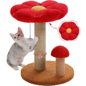 PETEPELA Mushroom Cat Scratcher Tower with Thick Scratching Post & Removable Flower Cat Bed [15.7''] for Kittens and Small Indoor Cats, Brown (19.6", Flower Brown)