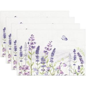 Purple Lavender Placemats Set of 4 Spring Elegant Flower Butterfly Nature Table Place Mat Non-Slip Heat Resistant Cotton Linen Place Mats for Home Kitchen Dining Table, 12"x18"