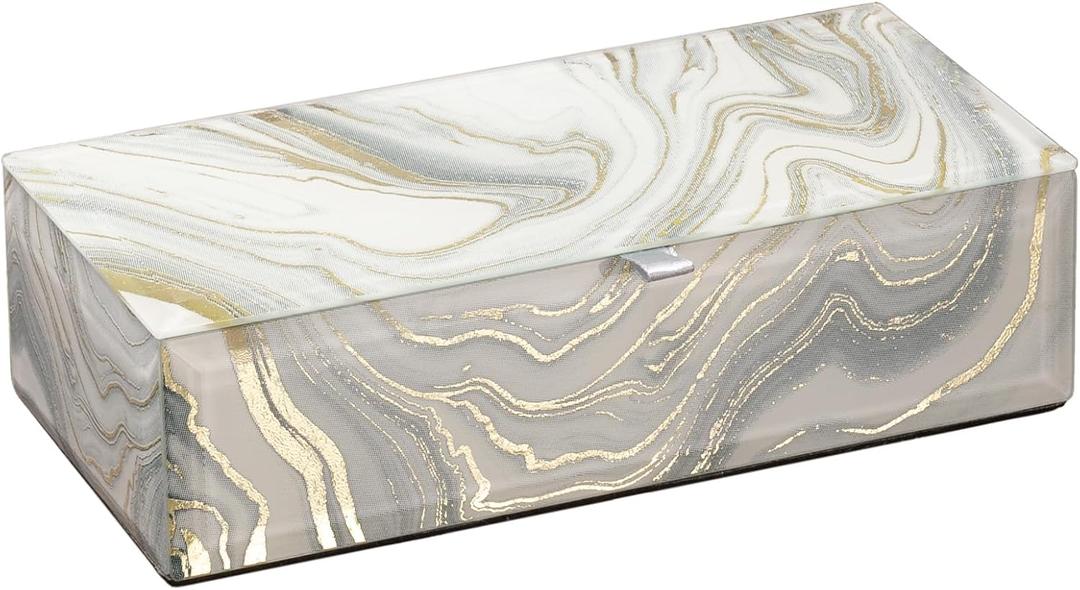 Glass Jewelry Box for Women, Girls Velvet Lined Jewelry Organizer Storage Case for Earrings, Rings, Bracelets, Perfect Birthday, Wedding & Christmas Gift (White Marble Pattern) (White Gold Small)