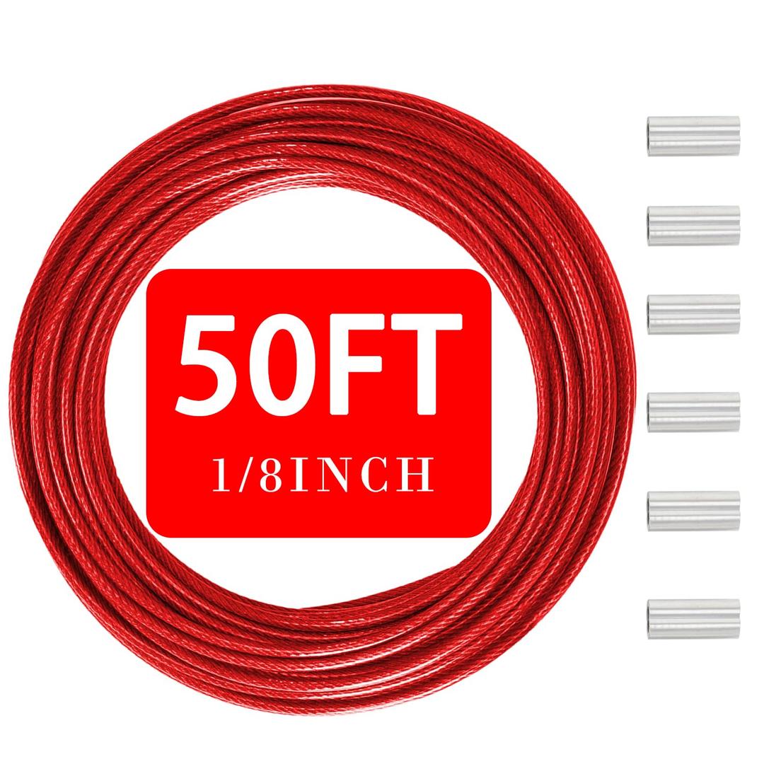 1/8"(3.3mm) Stainless Steel Wire Rope, PVC Coated Cable Kit, 50FT Heavy Duty Outdoor Cable for Deck Railing, String Lights, Clothesline & Garden Use (Red, 50ft)
