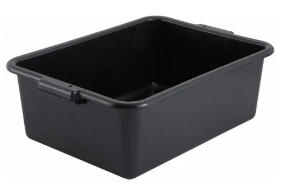 black plastic dish bin